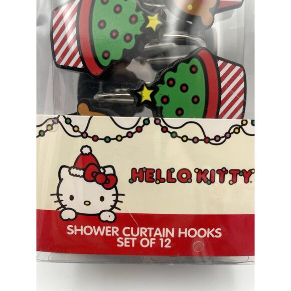 Hello Kitty Christmas Shower Curtain Hooks Red Green Trees Cupcakes Set Of 12 - Picture 3 of 8